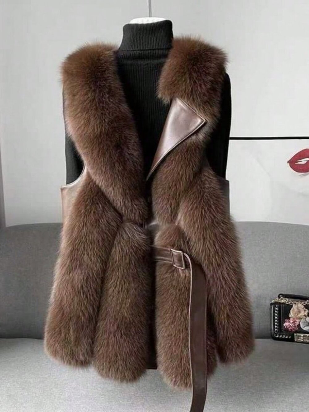 Brown Casual Women's Slim Fit And Versatile Faux Fur Vest Coat - Picture 5 of 5